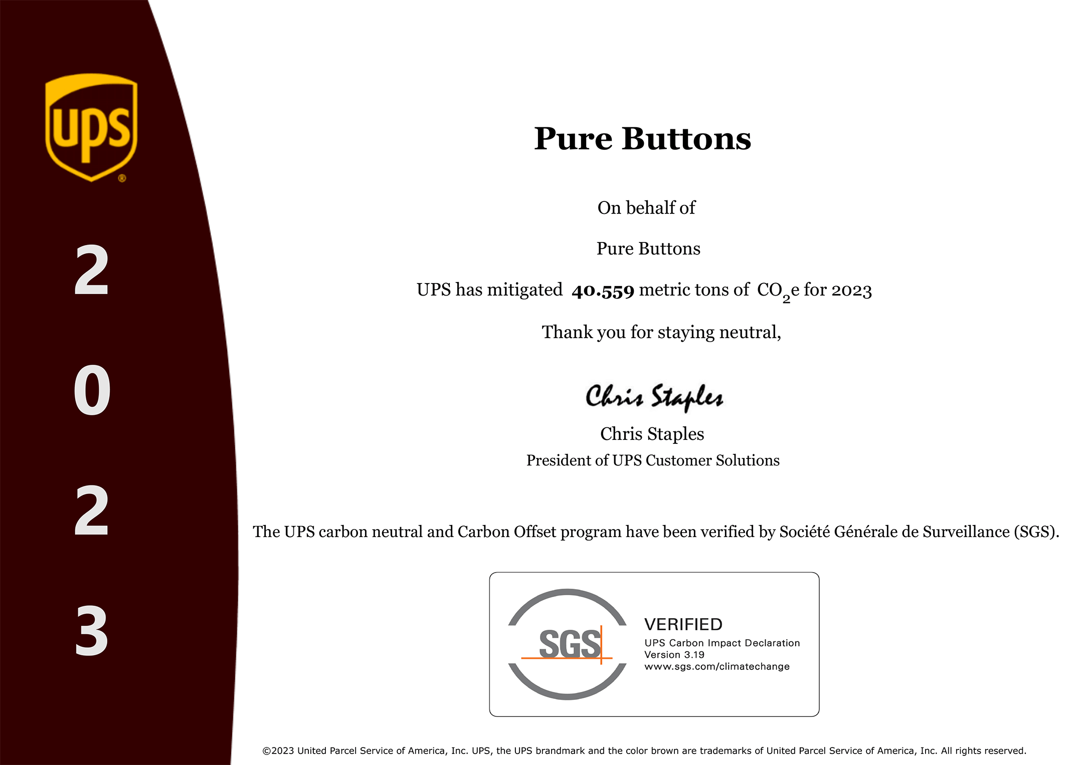 Pure Buttons UPS Cabon Neutral Certificate 2023